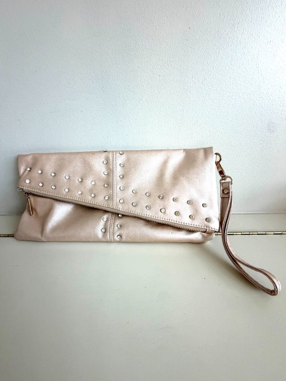 Charming Charlie Rose Gold Rhinestone Foldover Clutch Wristlet